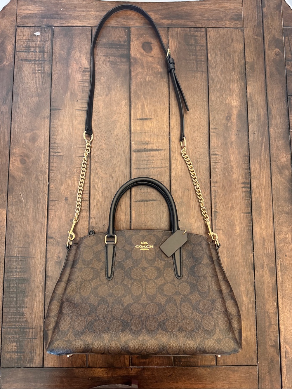 Coach Brown Signature Leather Gold Chain Purse Shoulder Bag F29683 Medium - Picture 3 of 15